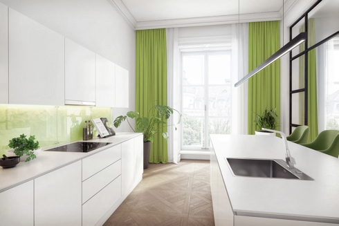 Những chiếc rèm màu xanh lá cây trong nhà bếp tạo không gian sang trọng