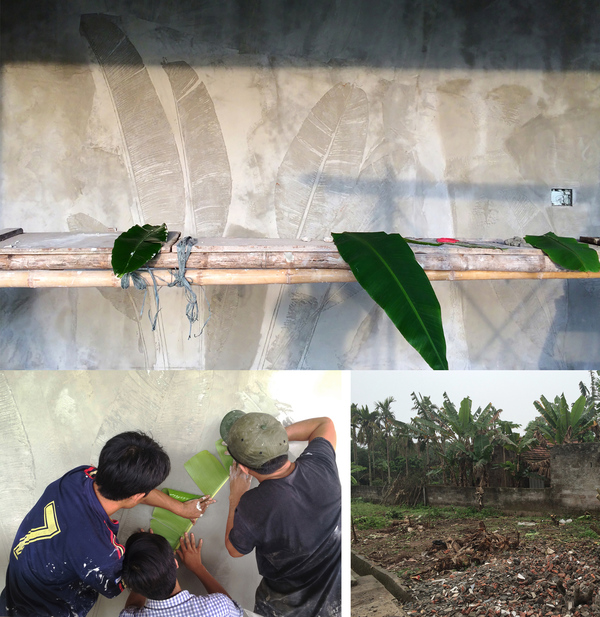 Tuổi thơ của người con có nhiều kỷ niệm với vườn cây chuối trồng xung quanh nhà. Kiến trúc sư đã giúp anh mang những hình ảnh quen thuộc đó vào trong ngôi nhà mới với những bức tường in hình lá chuối bằng phương pháp chạm chìm (intaglio) lên bề mặt bê tông.