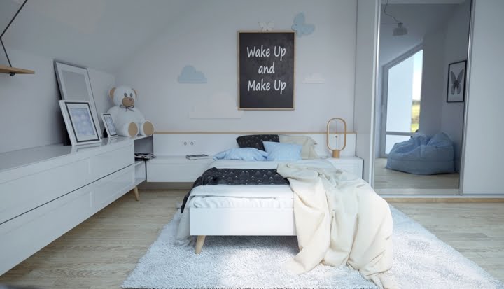  Phòng ngủ được bày biện đơn giản, lấy tông màu trắng làm chủ đạo.