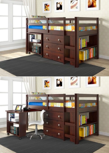  Giường ngủ, bàn học, ngăn kéo và giá sách cho trẻ có màu nâu hạt dẻ được kê trong căn nhà tường dán giấy, cửa sổ màu sáng đã khiến cho không gian nhà ở nổi bật hơn.