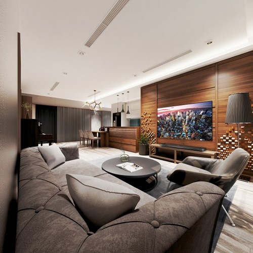  Không gian nội thất căn hộ sử dụng tông màu trầm ấm của gỗ, kết hợp những đường nét vuông vắn, mạnh mẽ của đồ nội thất.