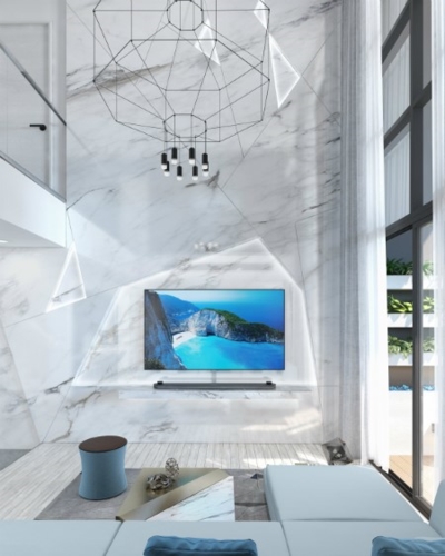 Trần nhà cao với họa tiết đá cẩm thạch gây ấn tượng mạnh bởi sự sang trọng, tinh tế