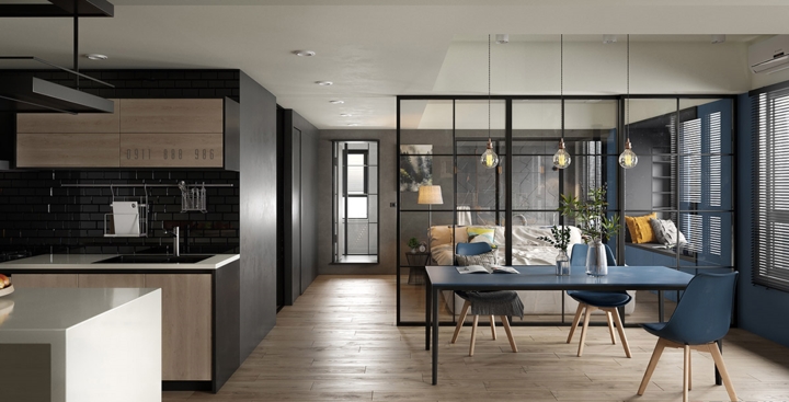 Vách ngăn bằng kính phân chia hiệu quả giữa phòng ăn và phòng ngủ, bức vách ngăn dễ dàng tháo dỡ khi chủ nhân muốn thay đổi cách sắp xếp căn phòng