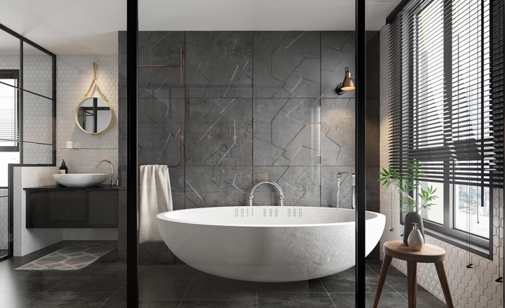 Phòng tắm màu xám được hỗ trợ với gạch có họa tiết sắc sảo.