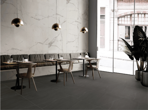 Trong ảnh là một không gian đương đại sử dụng gạch vân đá gam tối, bề mặt satin cho sàn, tường sử dụng gạch vân đá gam sáng, bề mặt bóng, sự kết hợp này tạo nên chiều sâu và chiều rộng cho không gian. 