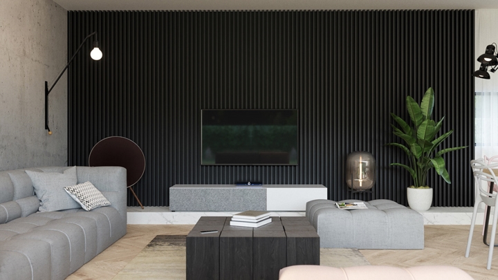  Đối diện với tường bê tông là bức tường đặt kệ tivi màu xám tối tăng thêm chiều sâu cho không gian.