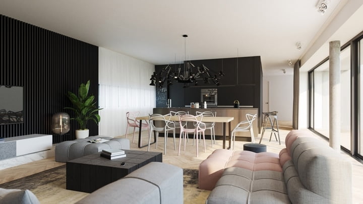  Bàn ăn và bếp nấu đặt liền kề nhưng vẫn có sự phân chia rõ ràng thông qua màu sắc tường.