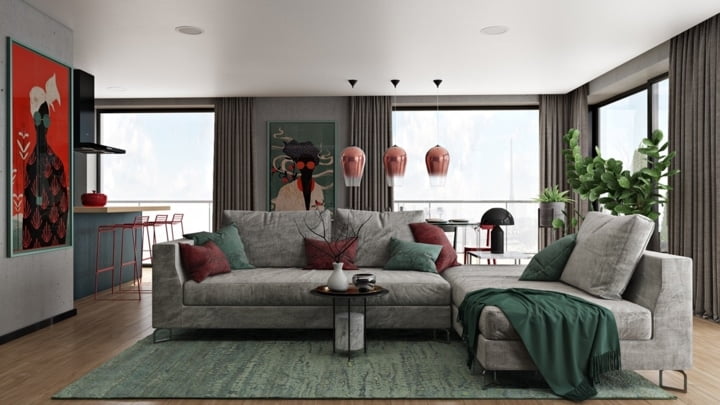 Việc sử dụng nội thất màu xanh, xám và đỏ đã giúp phòng khách thêm sang trọng và nghệ thuật.