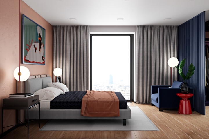 Màn cửa màu xám điều chỉnh ánh sáng bên trong phù hợp.