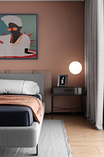  Giường ngủ được bọc trong một lớp vải sọc trẻ trung.