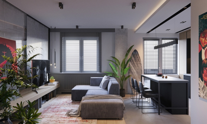  Bếp ở ngay sau phòng khách và có chậu cây làm ranh giới.