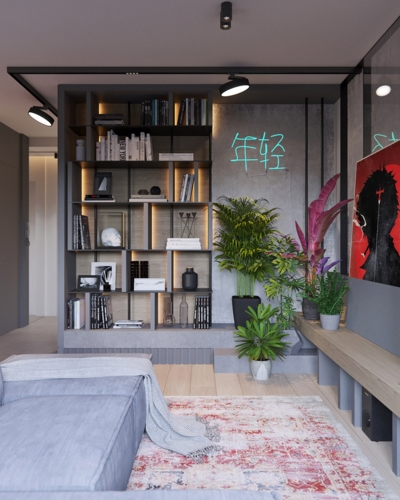 Giá sách làm từ gỗ và đường ống dẫn nước đặc trưng của đồ nội thất phong cách công nghiệp