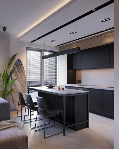 Tủ bếp màu đen nhưng mặt tủ lại sơn trắng dễ dàng cho việc làm sạch.