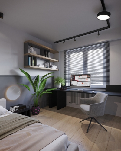 Một chiếc bàn làm việc chạy dài theo cửa sổ.