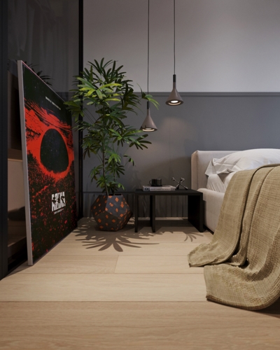 Hai đèn mặt dây chuyền chiếu sáng khu vực đầu giường.