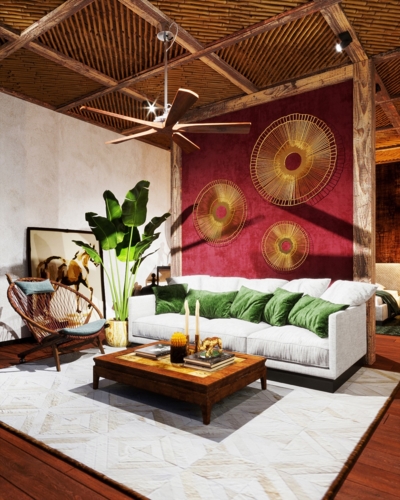   Phòng khách sinh động với những tông màu rực rỡ như đỏ, vàng, xanh lá cây và màu nâu của gỗ.