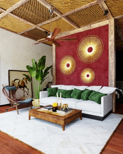  Do được thiết kế theo kiểu mở nên căn biệt thự vẫn luôn đầy đủ ánh sáng và gió, một chiếc quạt trần bằng gỗ giúp làm mát phòng vào mùa hè.