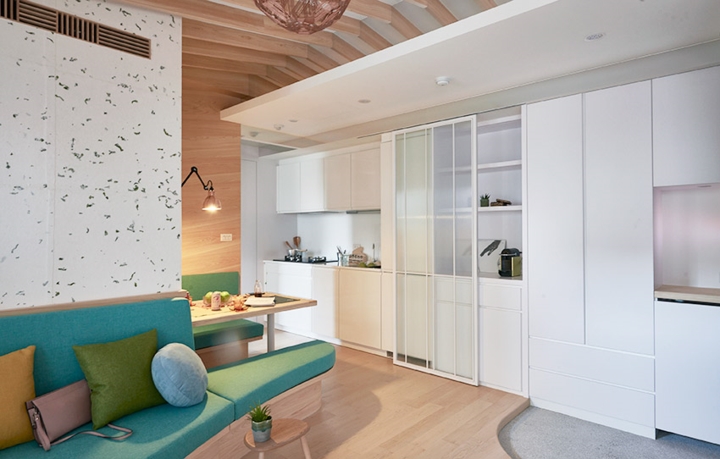 Một góc nấu nướng xinh xắn đặt sau phòng khách.