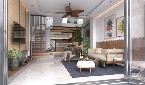  Chiếc quạt trần màu nâu độc đáo đã tô điểm cho phòng khách rộng rãi, sáng sủa. 