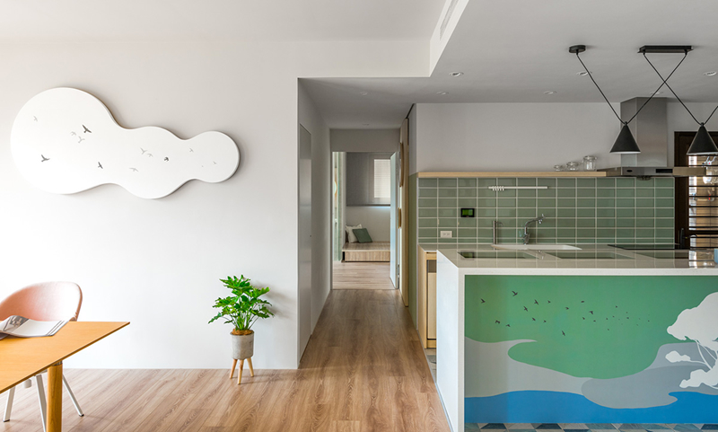 Tường gần bếp nấu ốp đá màu xanh lá cây thể hiện sự yên bình, tĩnh lặng.