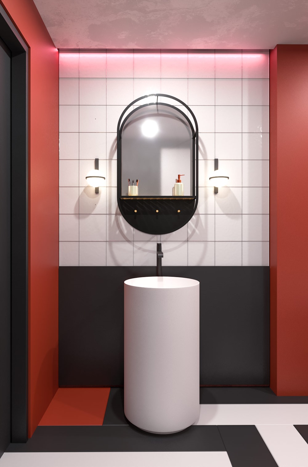 Gạch lát sàn hình chữ nhật màu đỏ, trắng và đen từ phòng ăn tạo ra một diện mạo khác trong phòng tắm. 