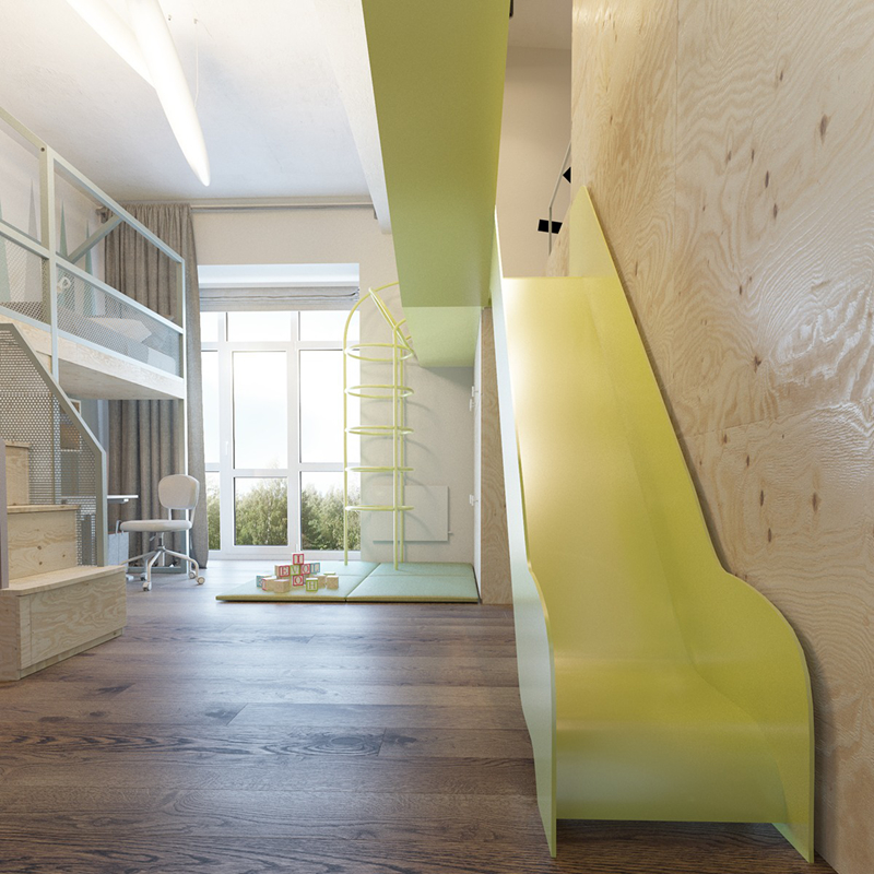  Phòng ngủ có kèm theo cầu trượt để trẻ vui chơi. 