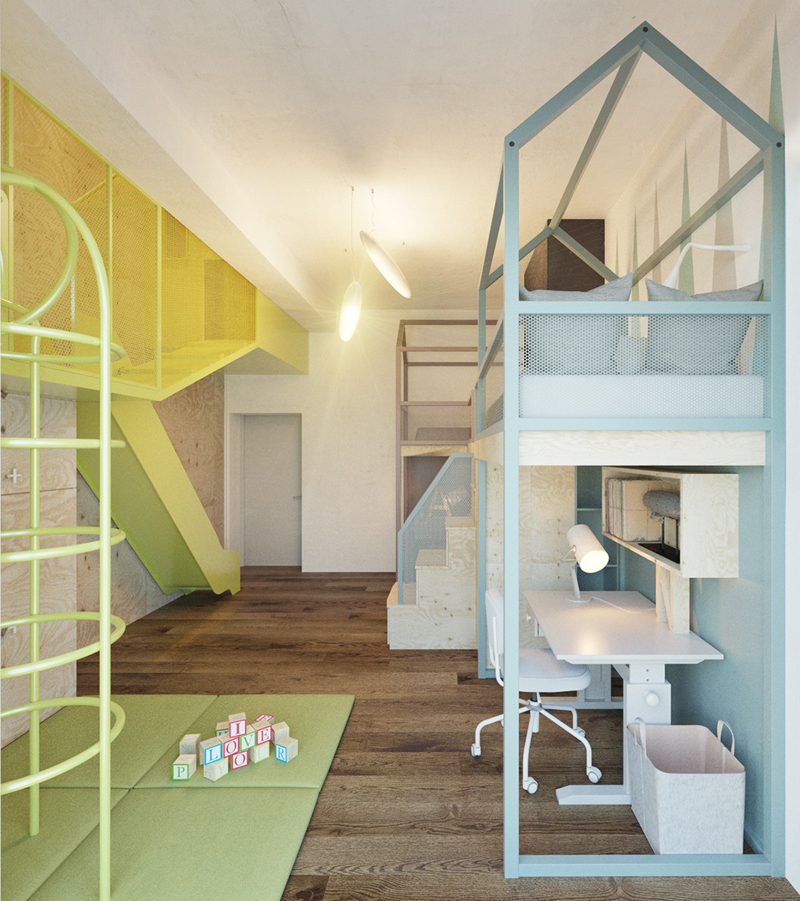  Dưới giường ngủ của là bàn học và ở trên sàn gỗ có kê thảm để trẻ ngồi xếp hình. 