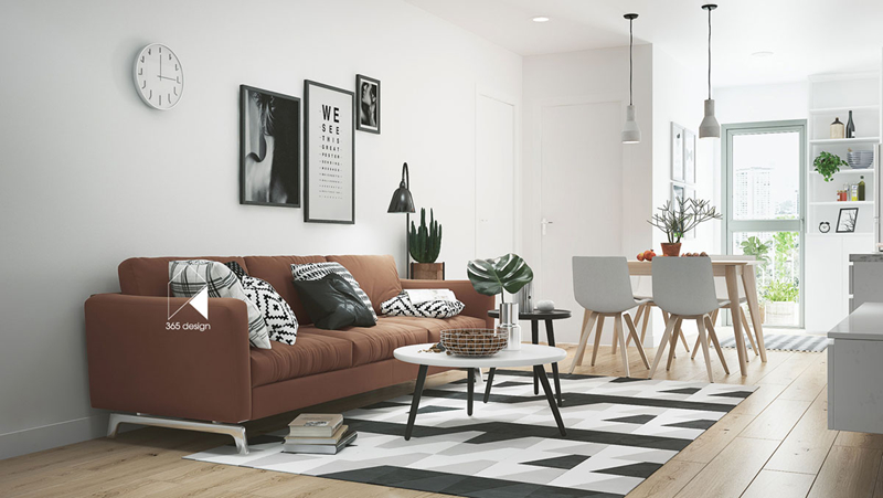   Ghế sofa màu nâu góp phần tô điểm cho căn phòng sáng sủa, có tường sơn màu trắng.