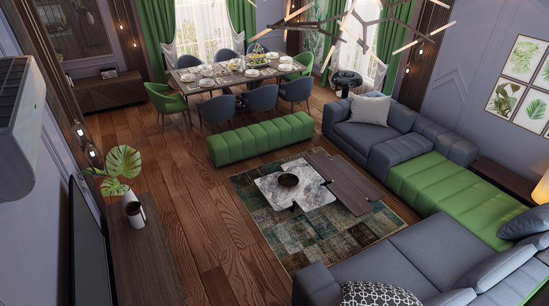  Nhìn từ trên cao, căn hộ này không hề bừa bộn mặc dù kê khá nhiều vật dụng.